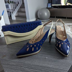 Asensio leather blue and cream shoes with the matching clutch